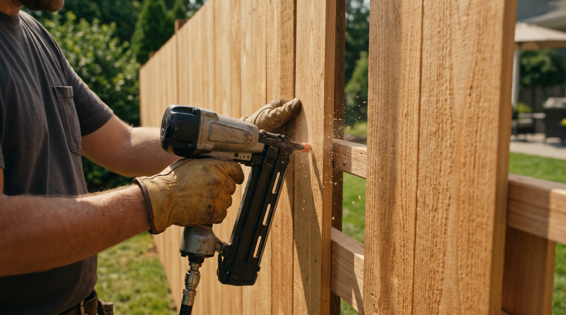Custom redwood privacy fence at golden hour